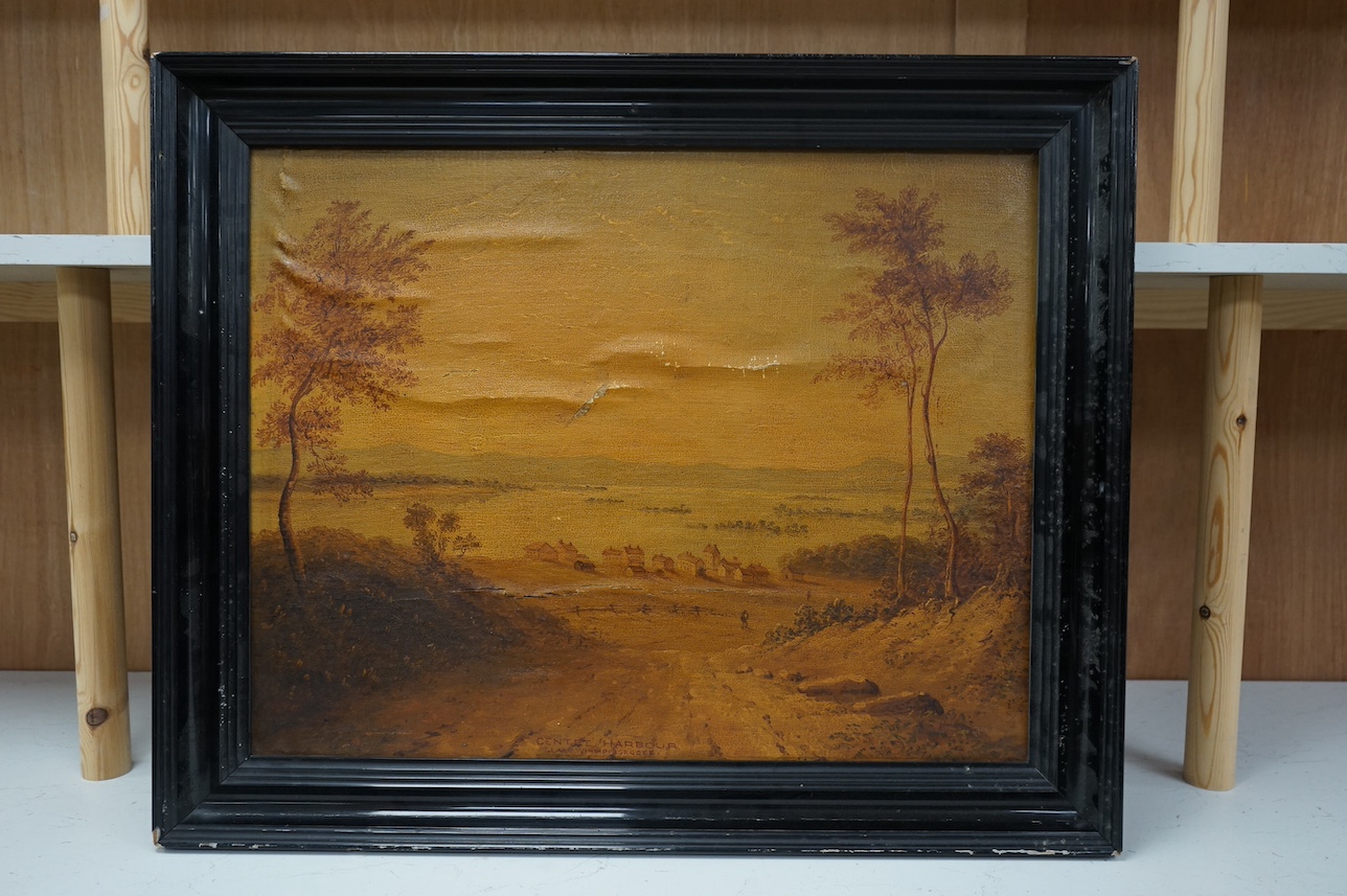 Oil on canvas, laid on board, ‘Centre Harbour, Lake Winnipesaukee’, indistinctly signed W H Bartlett?, 49 x 62cm, housed in an ebonised moulded frame. Condition - poor